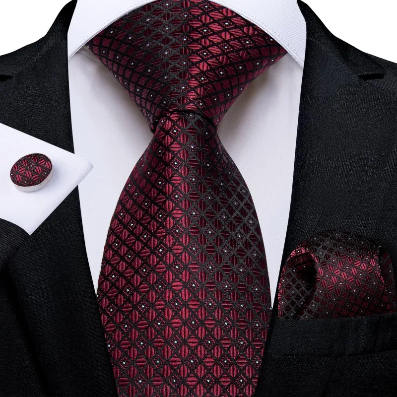 Ties2you Wedding Tie Burgundy Plaid Silk Mens Tie Handkerchief Cufflinks Set for Tuxedo Dress sold by Ties2You