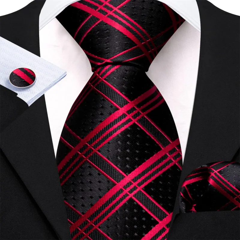 Ties2you Dress Tie Black Red Plaid Men's Silk Tie Hanky Cufflinks Set sold by Ties2You