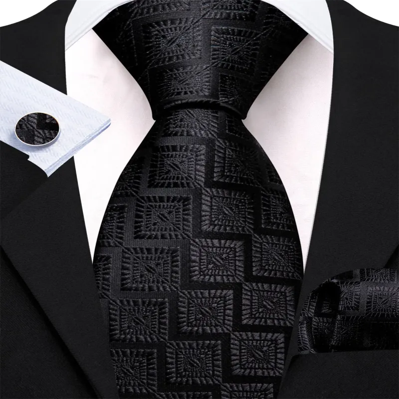 Ties2you Dress Tie Classic Black Novelty Men's Silk Tie Hanky Cufflinks Set sold by Ties2You