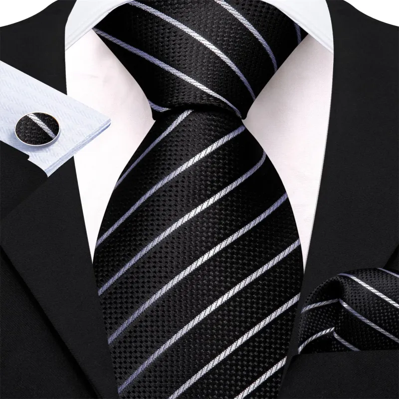 Ties2you Dress Tie Black White Striped Men's Silk Tie Hanky Cufflinks Set made by Ties2You