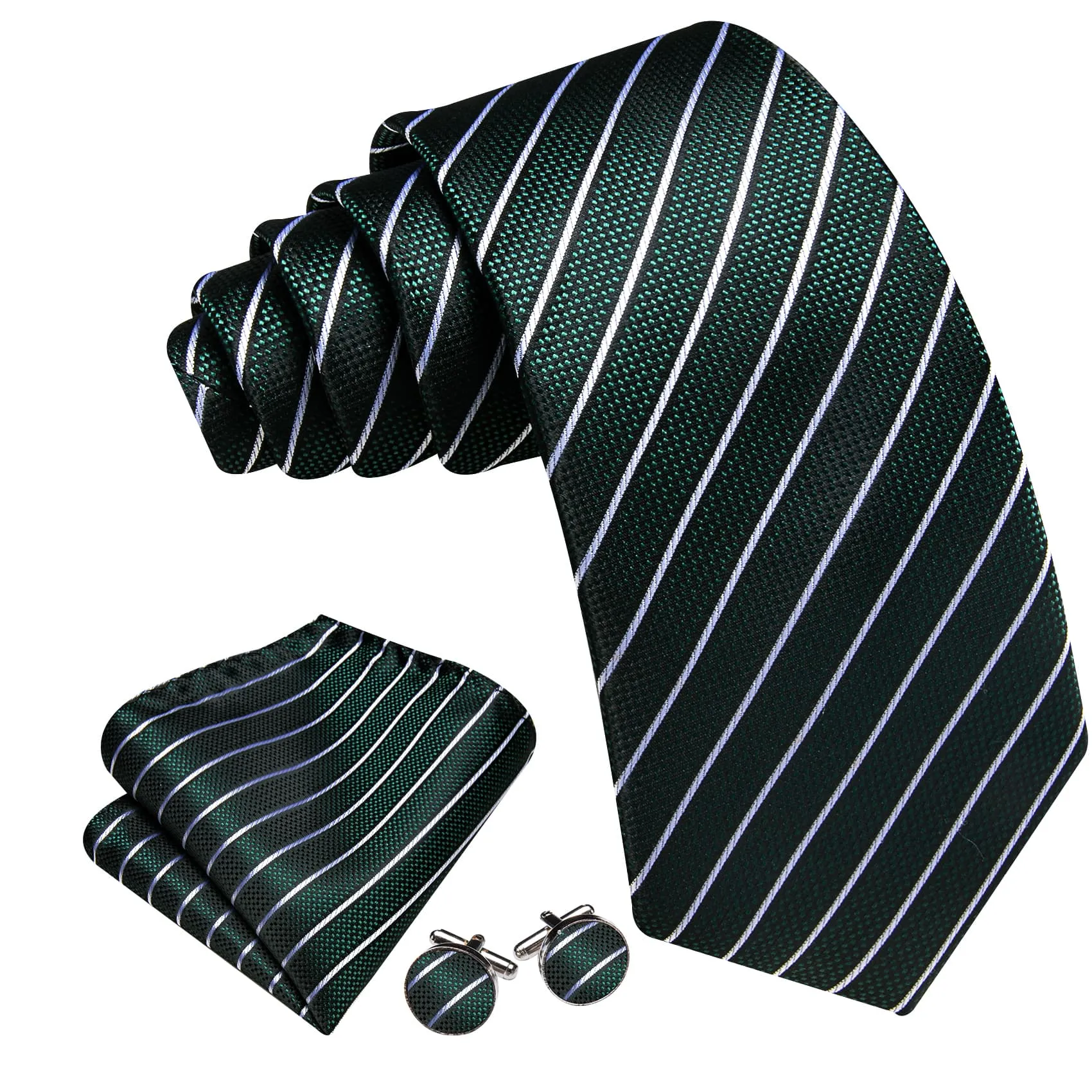 Ties2you Dress Tie Sapphire Pine Green Striped Men's Silk Tie Hanky Cufflinks Set sold by Ties2You product image thumbnail 2