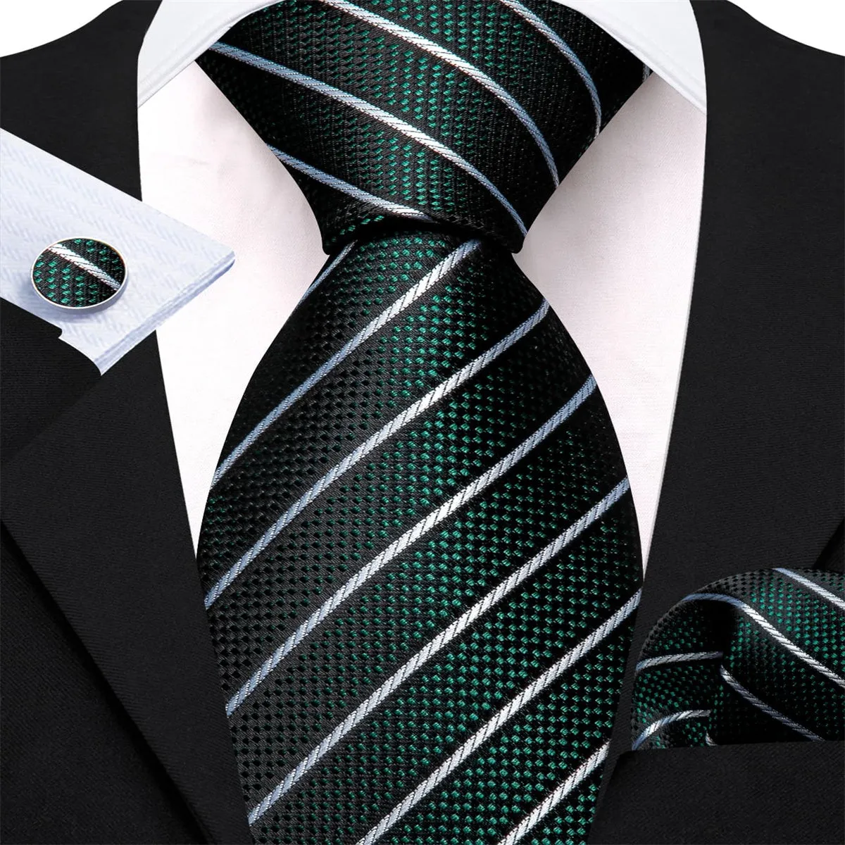 Ties2you Dress Tie Sapphire Pine Green Striped Men's Silk Tie Hanky Cufflinks Set sold by Ties2You product image thumbnail 3