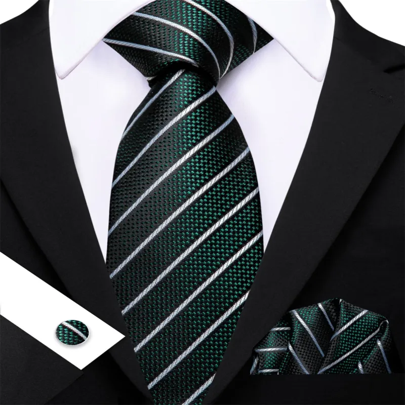 Ties2you Dress Tie Sapphire Pine Green Striped Men's Silk Tie Hanky Cufflinks Set sold by Ties2You