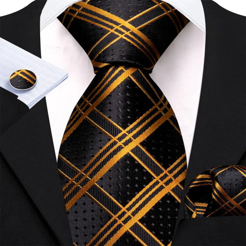 Ties2you Dress Tie Black Gold Plaid Men's Silk Tie Hanky Cufflinks Set sold by Ties2You