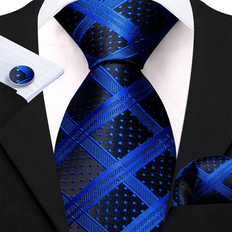 Ties2you Dress Tie Black Blue Plaid Men's Silk Tie Hanky Cufflinks Set sold by Ties2You