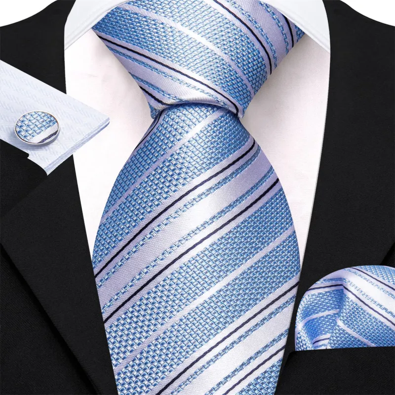 Ties2you Dress Tie Arctic Blue Striped Men's Silk Tie Pocket Square Cufflinks Set sold by Ties2You