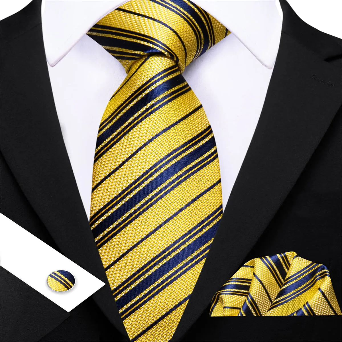Ties2you Dress Tie Yellow Blue Striped Men's Silk Tie Pocket Square Cufflinks Set sold by Ties2You product image thumbnail 3