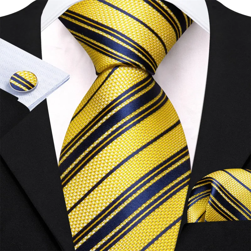 Ties2you Dress Tie Yellow Blue Striped Men's Silk Tie Pocket Square Cufflinks Set sold by Ties2You
