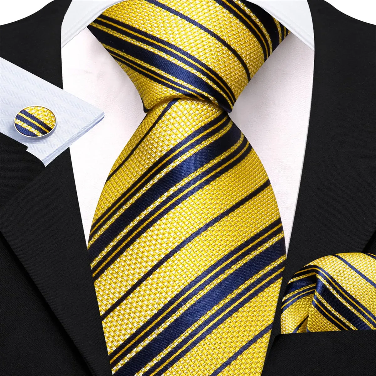 Ties2you Dress Tie Yellow Blue Striped Men's Silk Tie Pocket Square Cufflinks Set sold by Ties2You