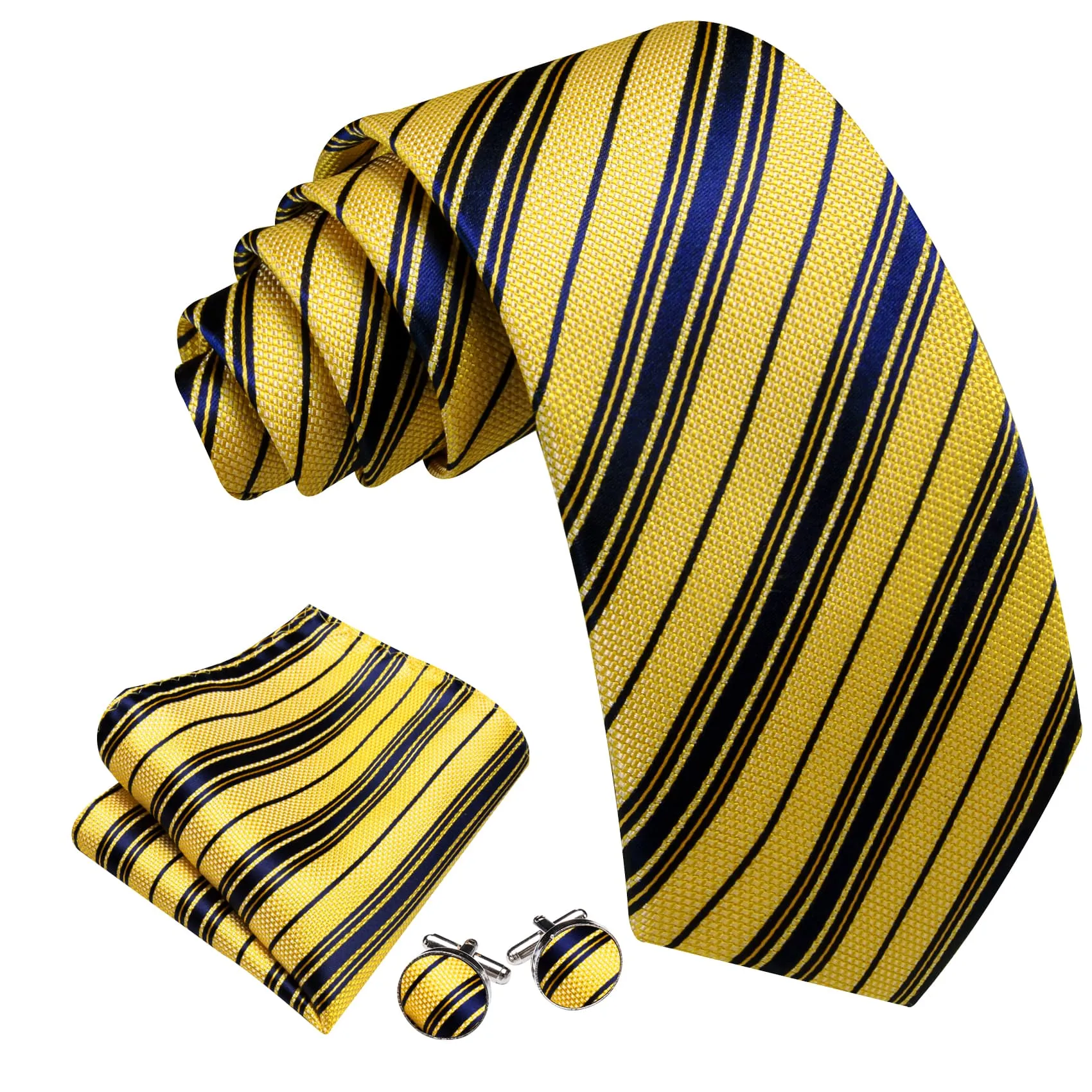 Ties2you Dress Tie Yellow Blue Striped Men's Silk Tie Pocket Square Cufflinks Set sold by Ties2You product image thumbnail 2