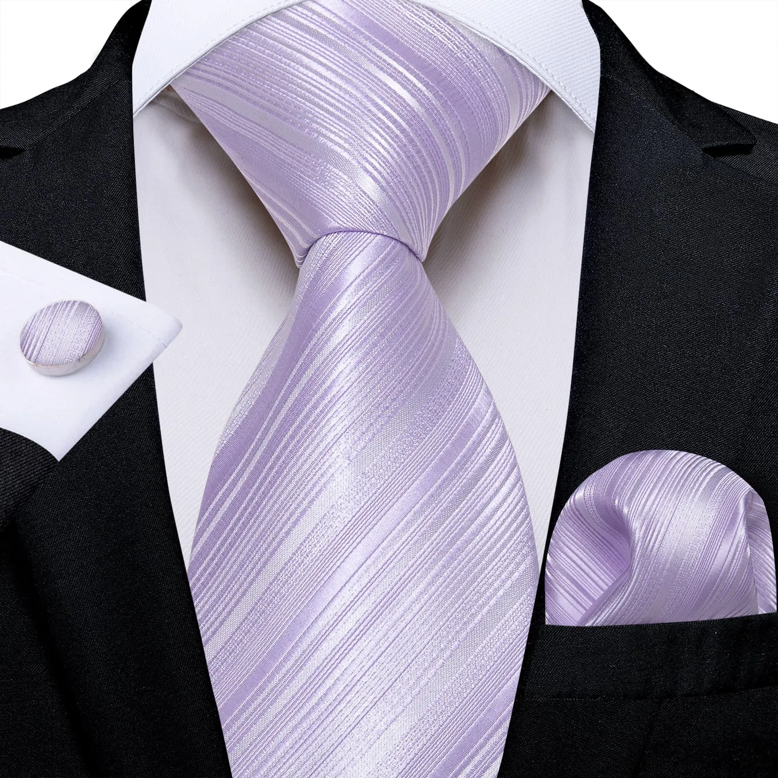Ties2you Lazy Tie Light Purple Striped Easy-pull Silk Mens Tie Pocket Square Cufflinks Set sold by Ties2You