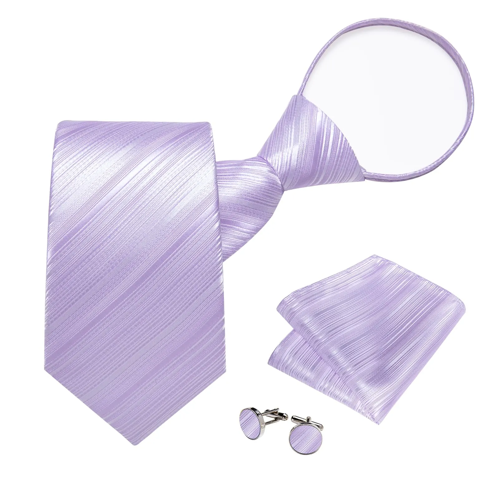 Ties2you Lazy Tie Light Purple Striped Easy-pull Silk Mens Tie Pocket Square Cufflinks Set sold by Ties2You product image thumbnail 5