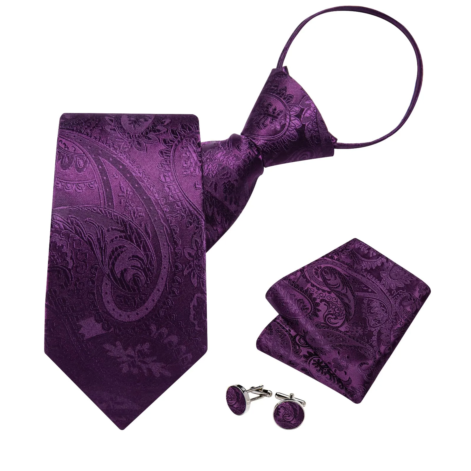 Ties2you Lazy Tie Violet Purple Paisley Easy-pull Silk Mens Tie Handkerchief Cufflinks Set sold by Ties2You product image thumbnail 2