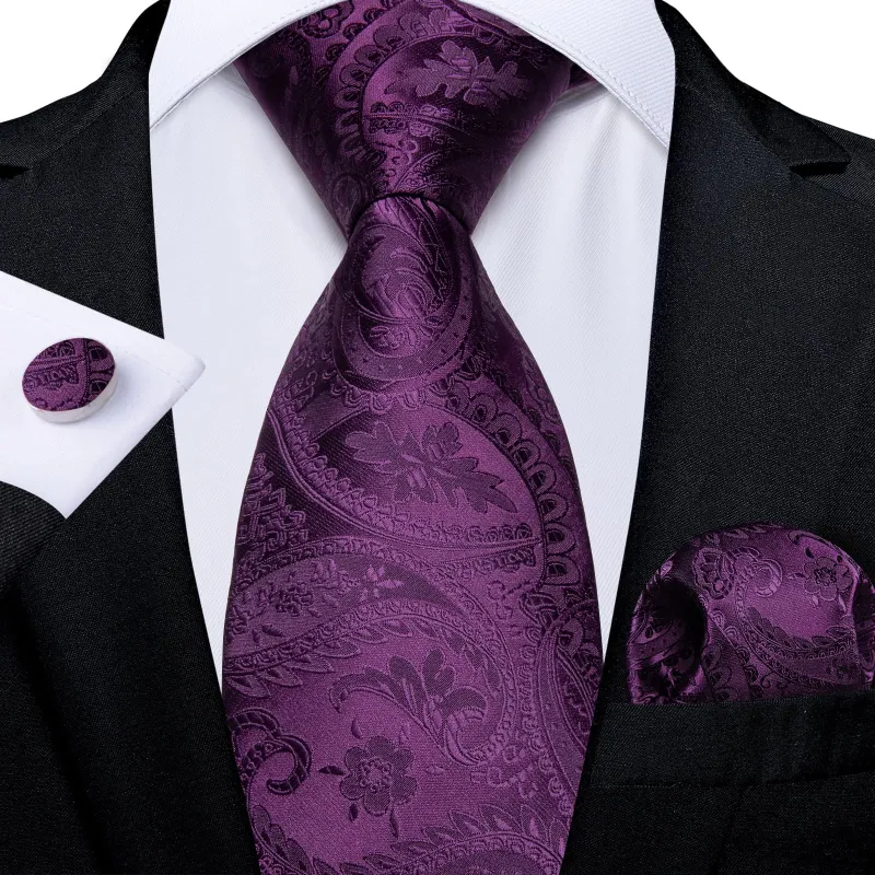 Ties2you Lazy Tie Violet Purple Paisley Easy-pull Silk Mens Tie Handkerchief Cufflinks Set sold by Ties2You