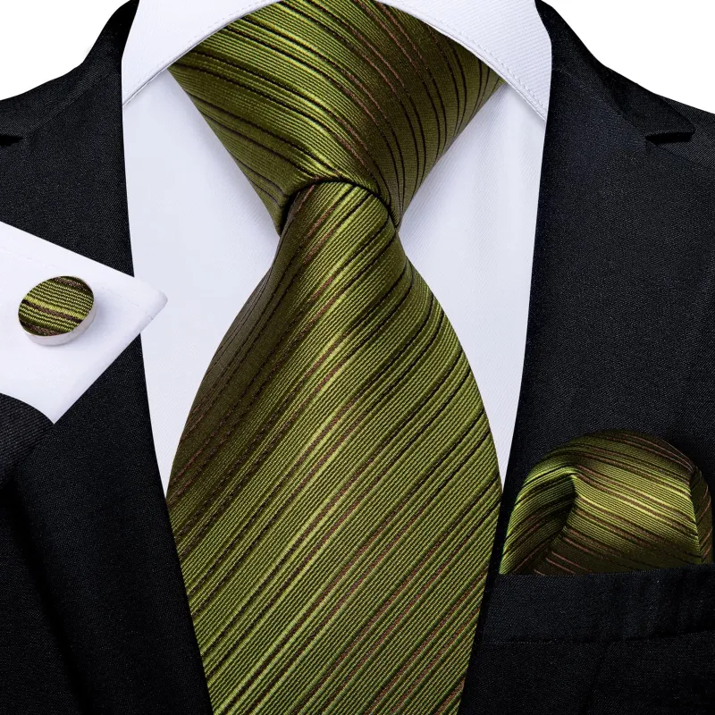 Ties2you Zipper Tie Olive Green Striped  Pre-tied Tie Handkerchief Cufflinks Set sold by Ties2You