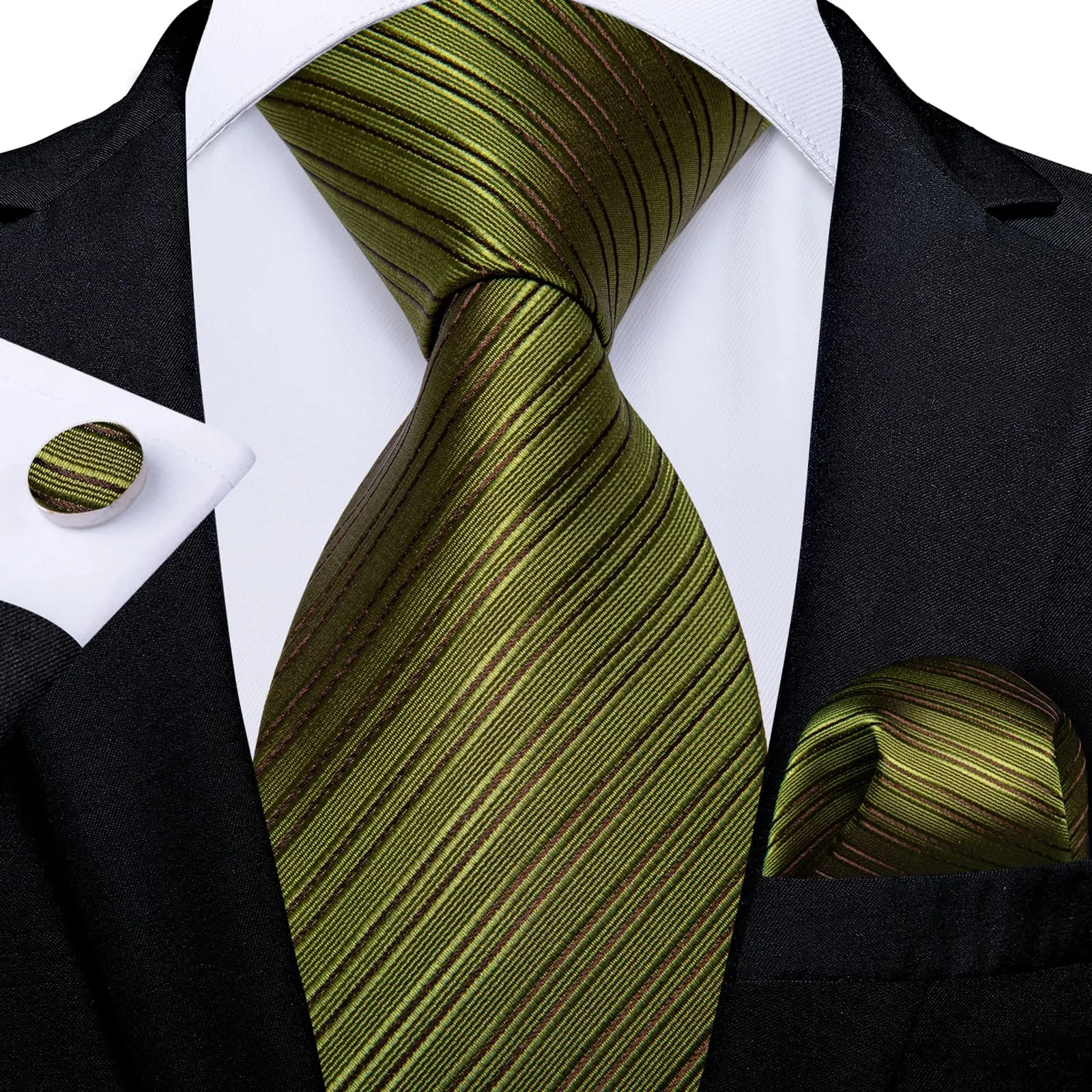 Ties2you Zipper Tie Olive Green Striped Pre-tied Tie Handkerchief Cufflinks Set sold by Ties2You