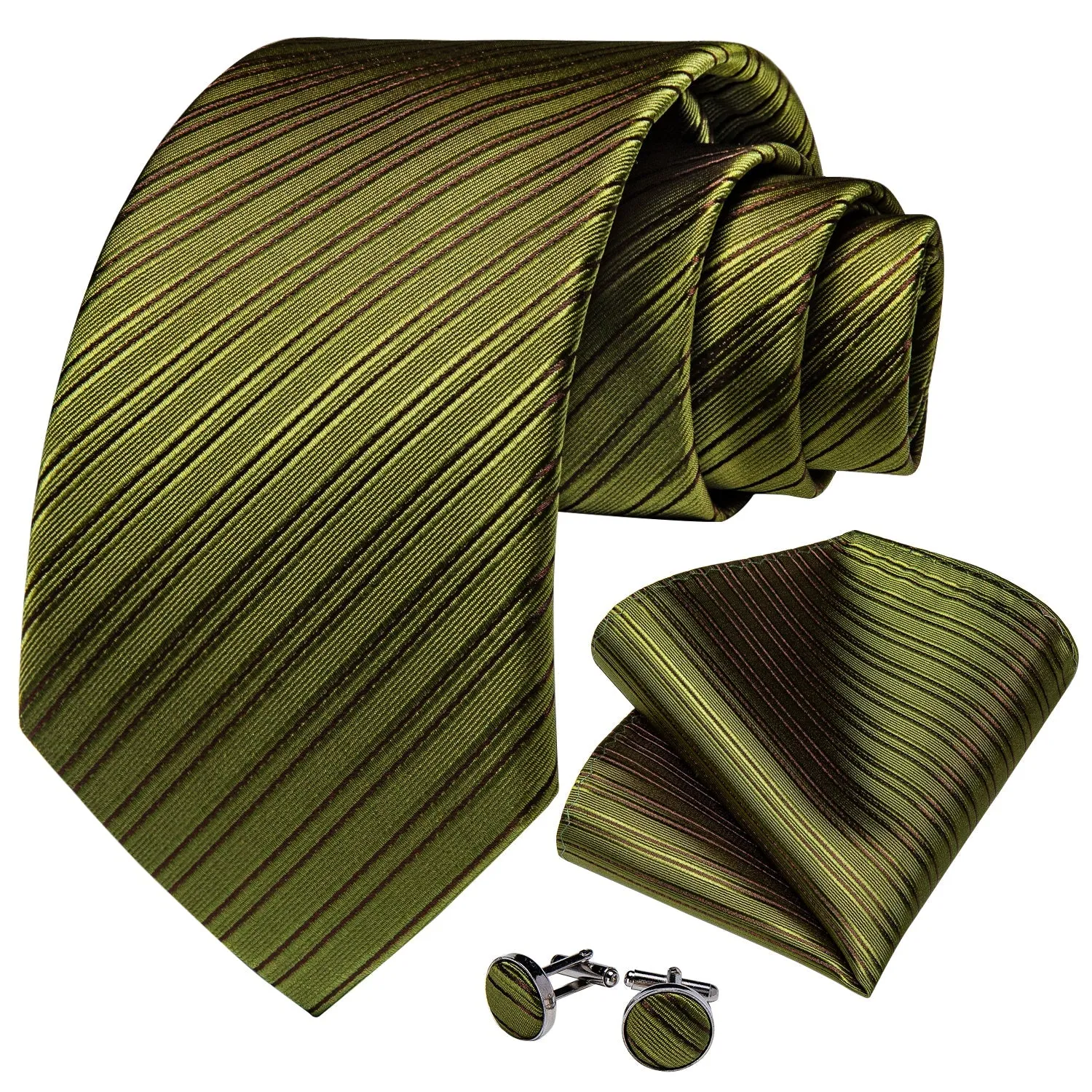 Ties2you Zipper Tie Olive Green Striped Pre-tied Tie Handkerchief Cufflinks Set sold by Ties2You product image thumbnail 2