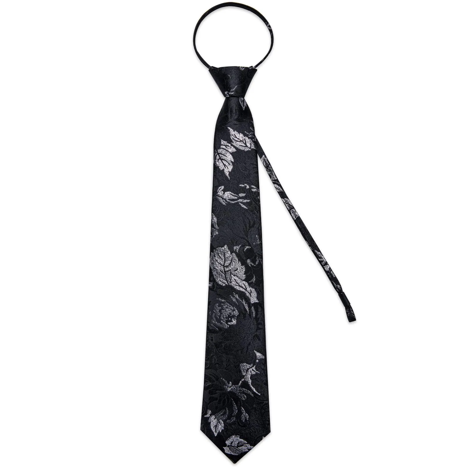 Ties2you Lazy Tie Black Grey Floral Easy-pull Silk Mens Tie Handkerchief Cufflinks Set sold by Ties2You product image thumbnail 3