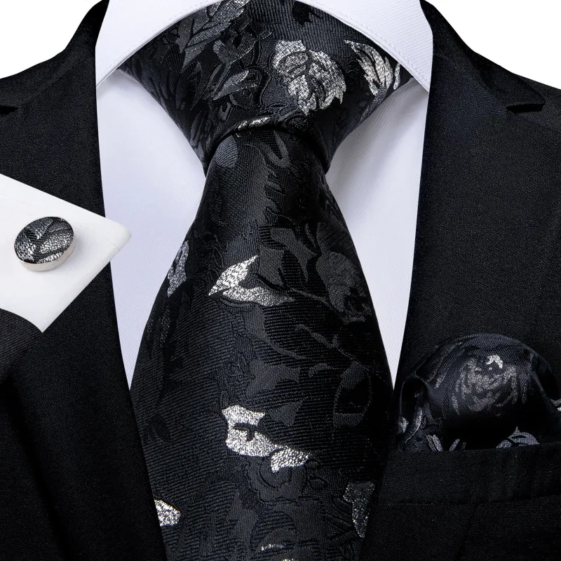 Ties2you Lazy Tie Black Grey Floral Easy-pull Silk Mens Tie Handkerchief Cufflinks Set sold by Ties2You