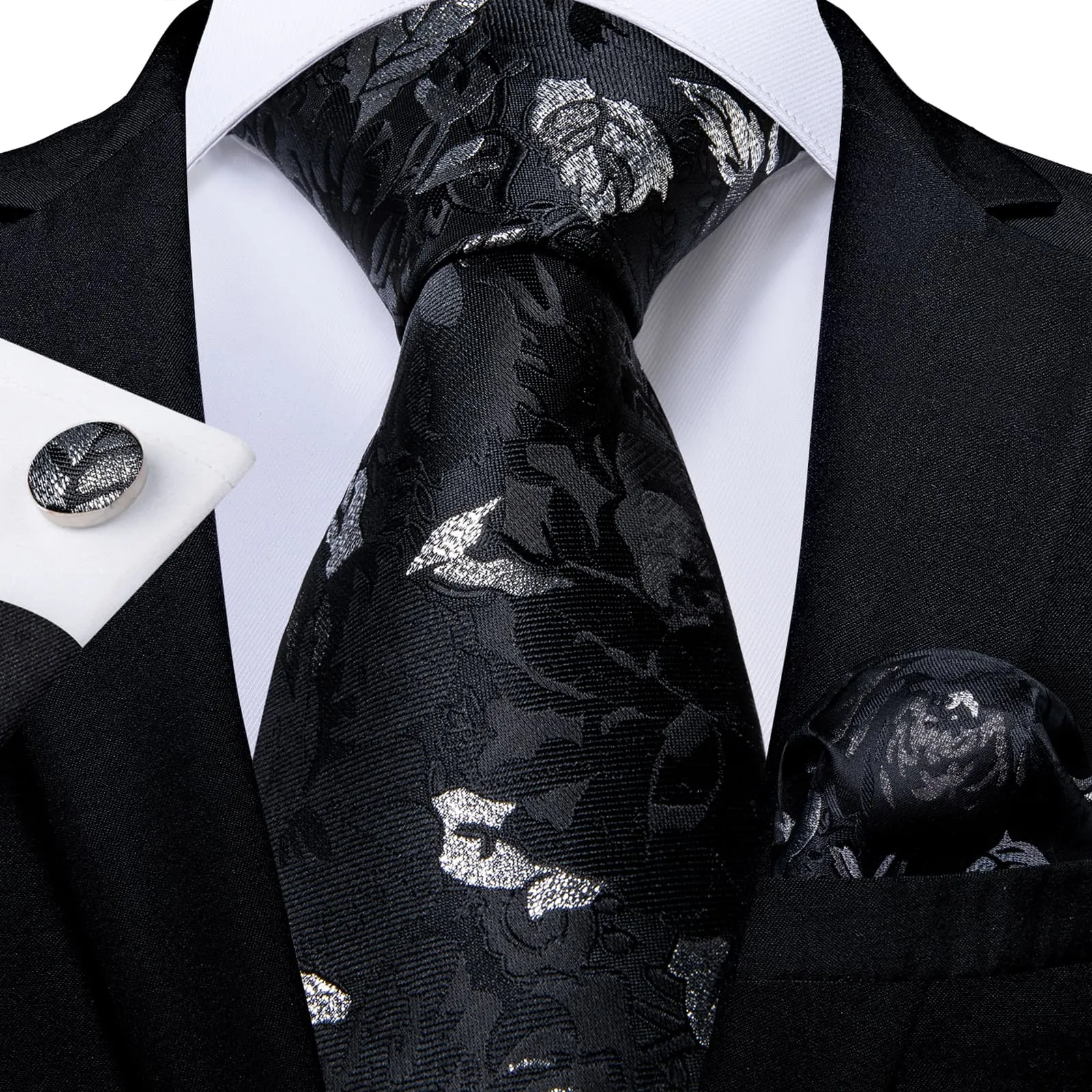 Ties2you Lazy Tie Black Grey Floral Easy-pull Silk Mens Tie Handkerchief Cufflinks Set sold by Ties2You