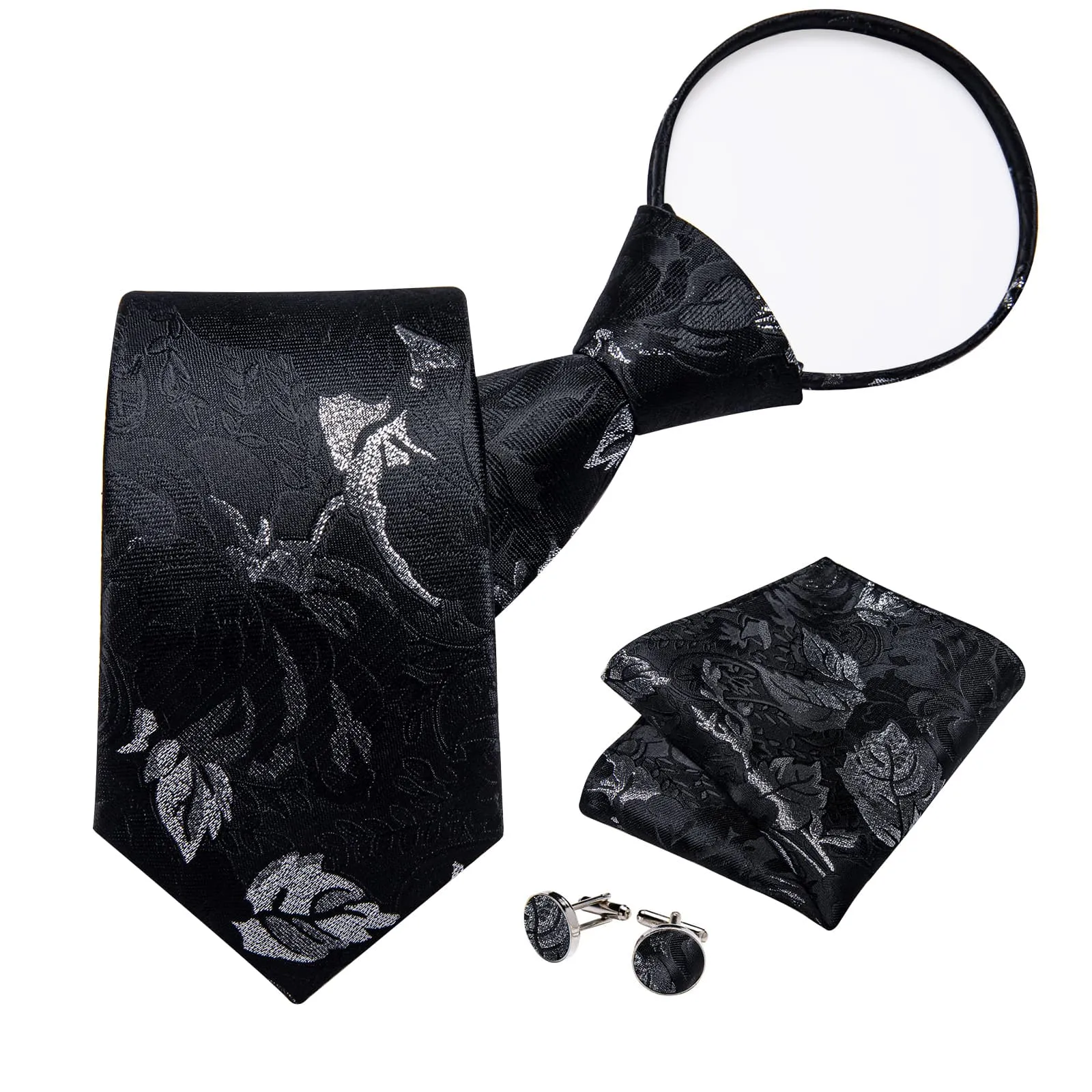 Ties2you Lazy Tie Black Grey Floral Easy-pull Silk Mens Tie Handkerchief Cufflinks Set sold by Ties2You product image thumbnail 2