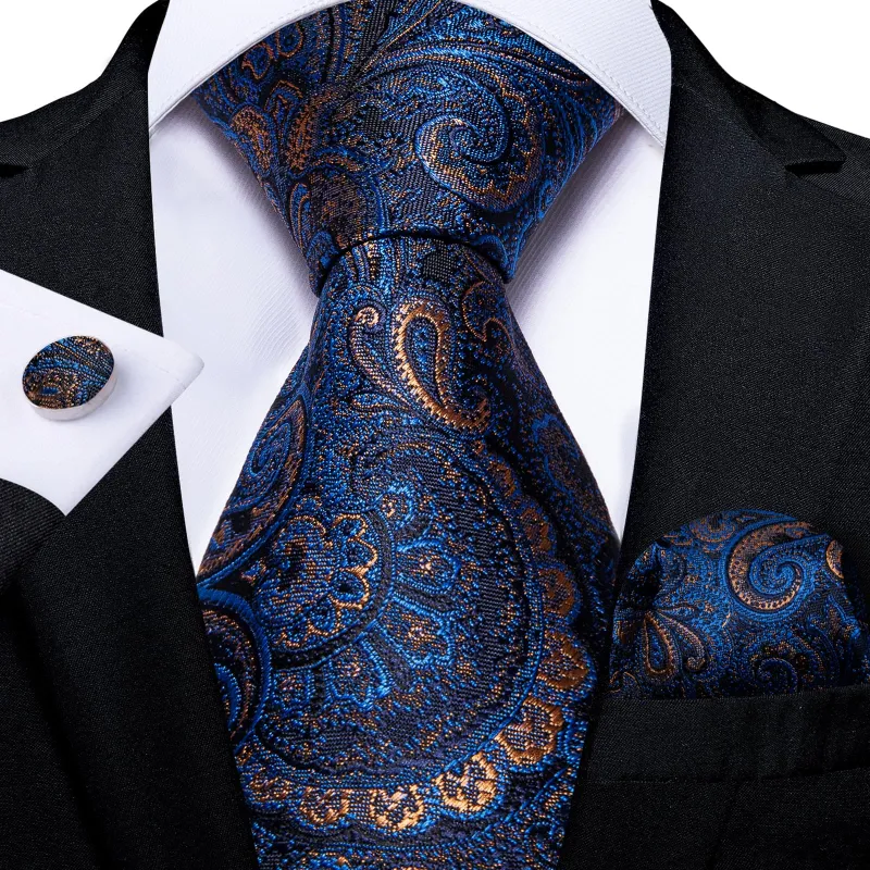 Ties2you Lazy Tie Navy Blue Paisley Bucket Silk Mens Tie Handkerchief Cufflinks Set sold by Ties2You