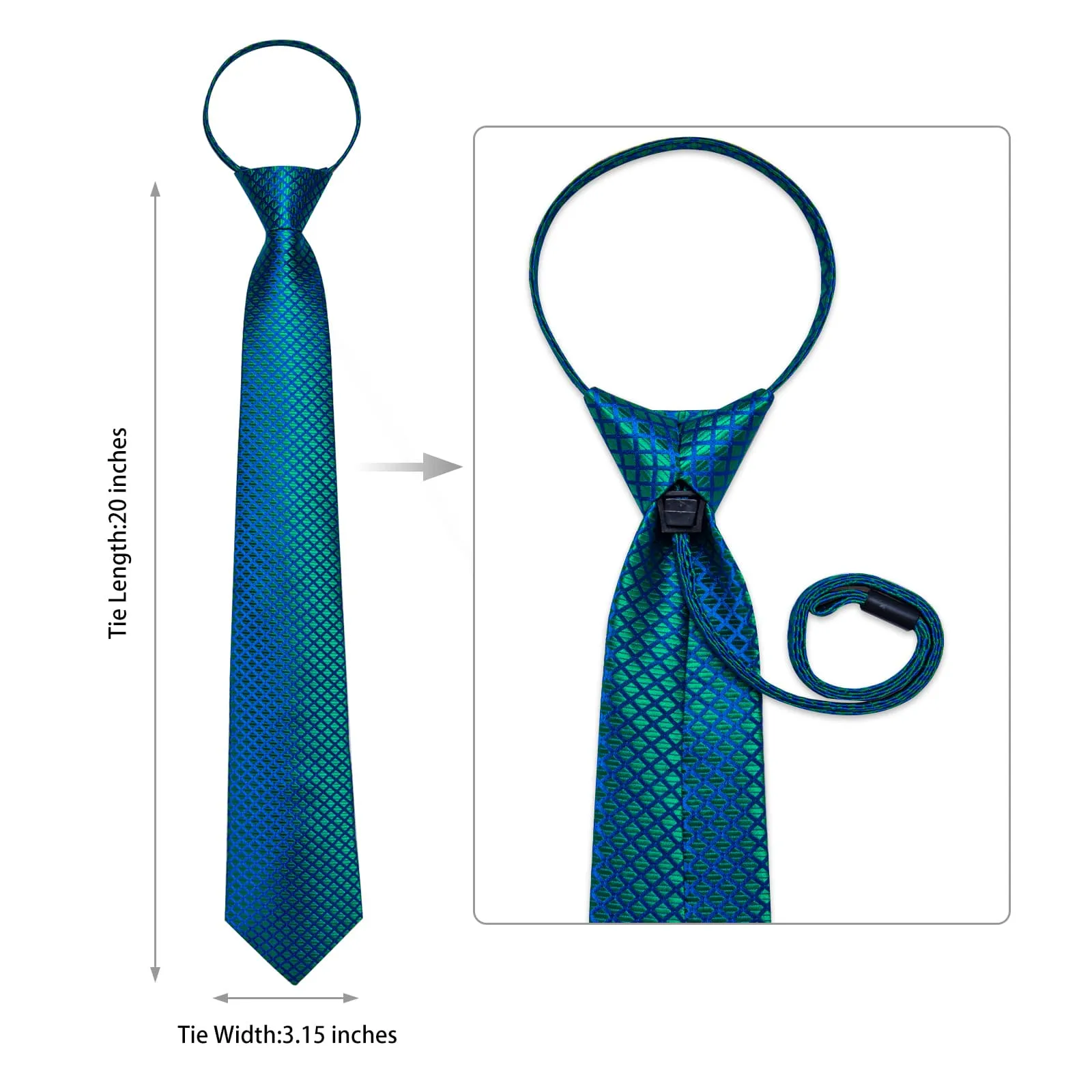 Ties2you Zipper Tie Emerald Green Plaid Silk Mens Dress Pre-tied Tie Set sold by Ties2You product image thumbnail 5