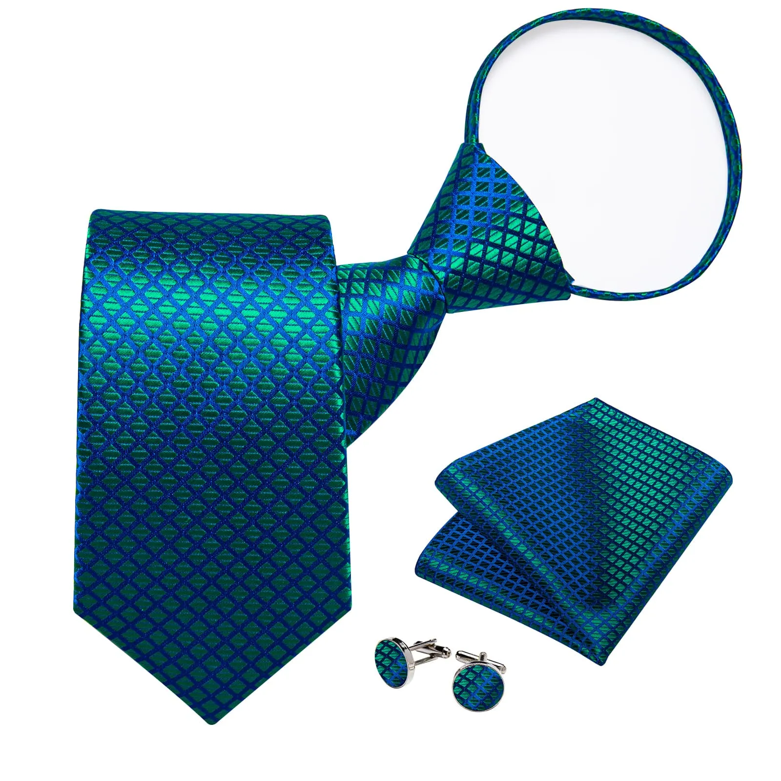 Ties2you Zipper Tie Emerald Green Plaid Silk Mens Dress Pre-tied Tie Set sold by Ties2You product image thumbnail 2