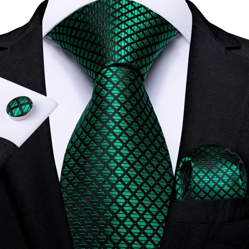 Ties2you Zipper Tie Emerald Green Plaid Silk Mens Pre-tied Tie Handkerchief Cufflinks Set sold by Ties2You