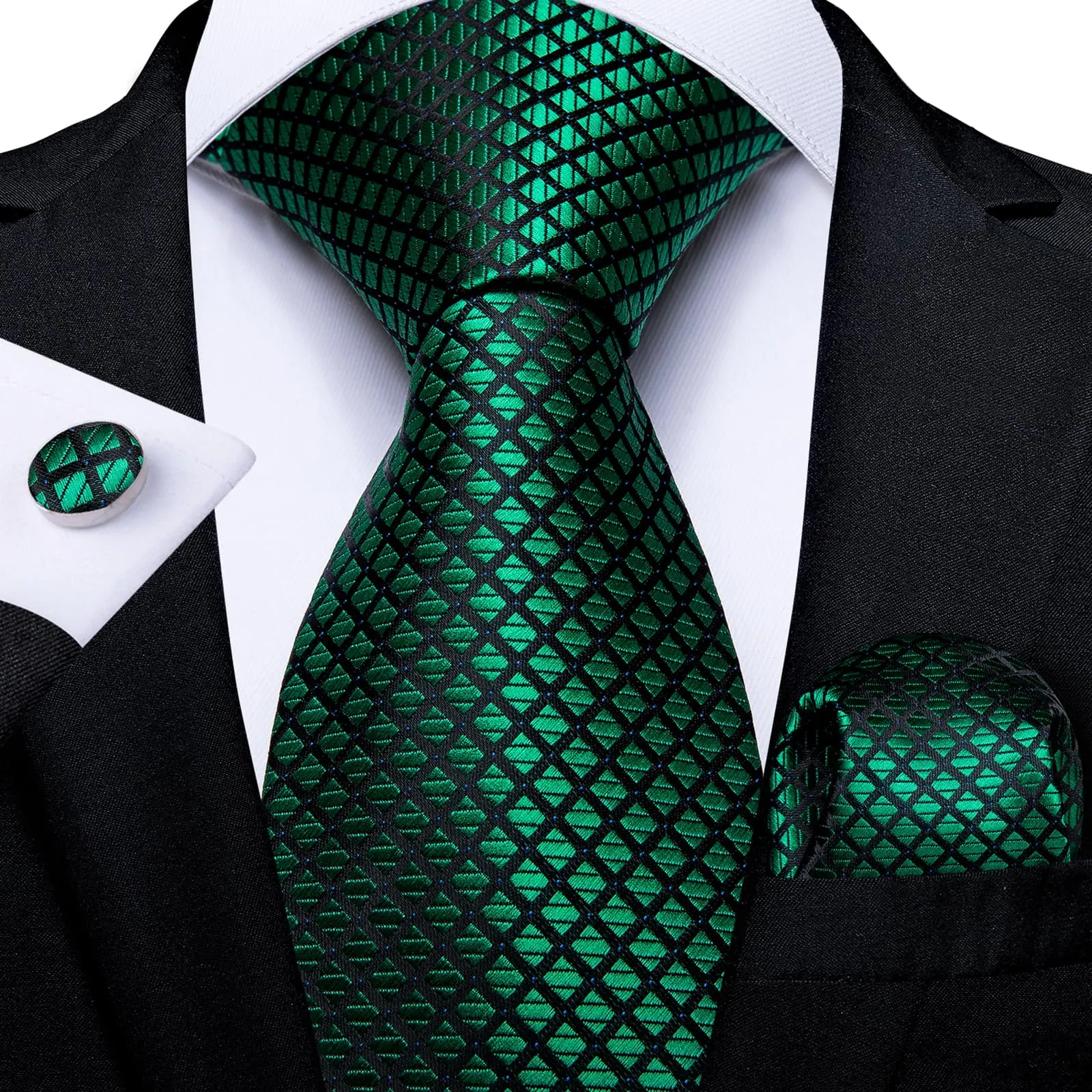 Ties2you Zipper Tie Emerald Green Plaid Silk Mens Pre-tied Tie Handkerchief Cufflinks Set sold by Ties2You