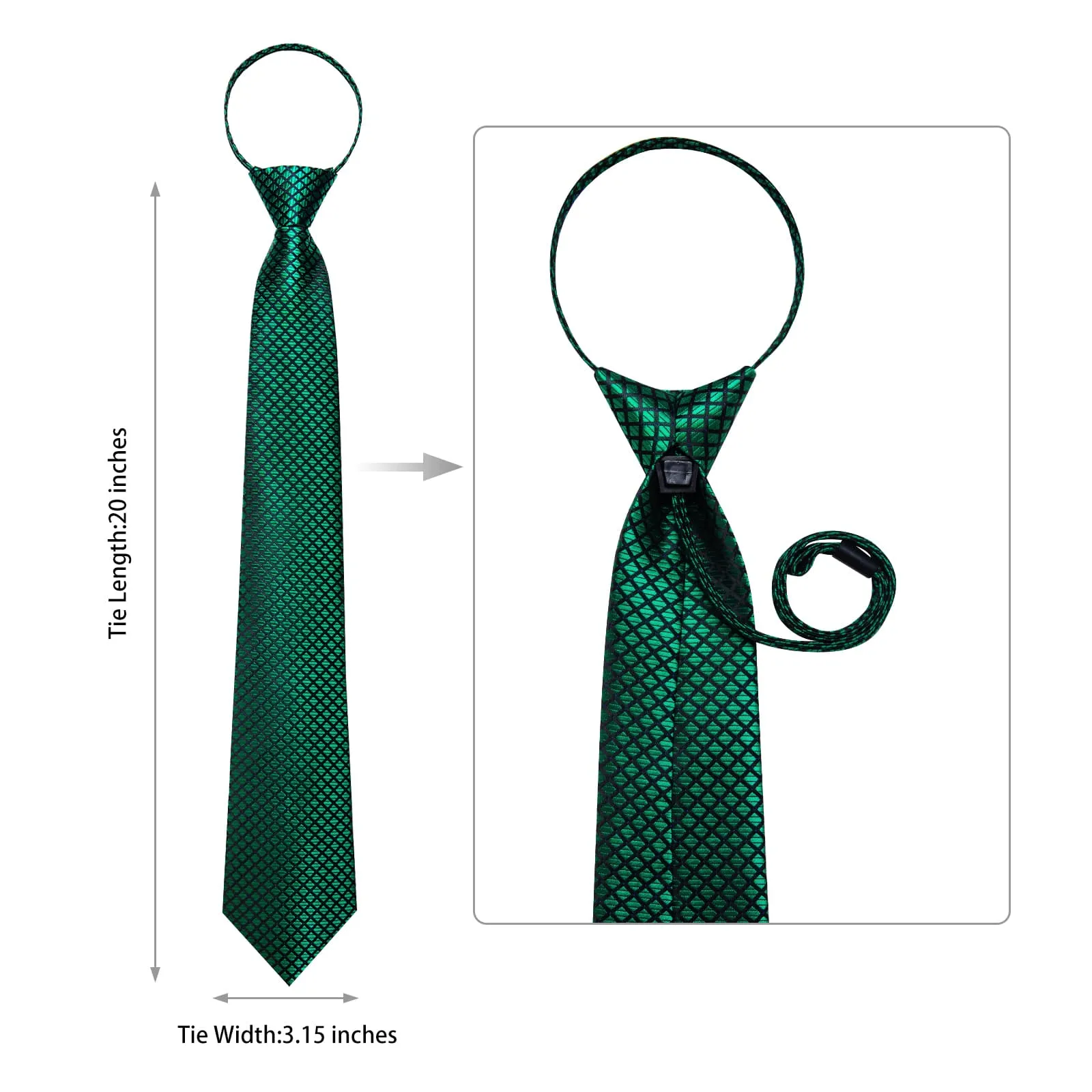 Ties2you Zipper Tie Emerald Green Plaid Silk Mens Pre-tied Tie Handkerchief Cufflinks Set sold by Ties2You product image thumbnail 5