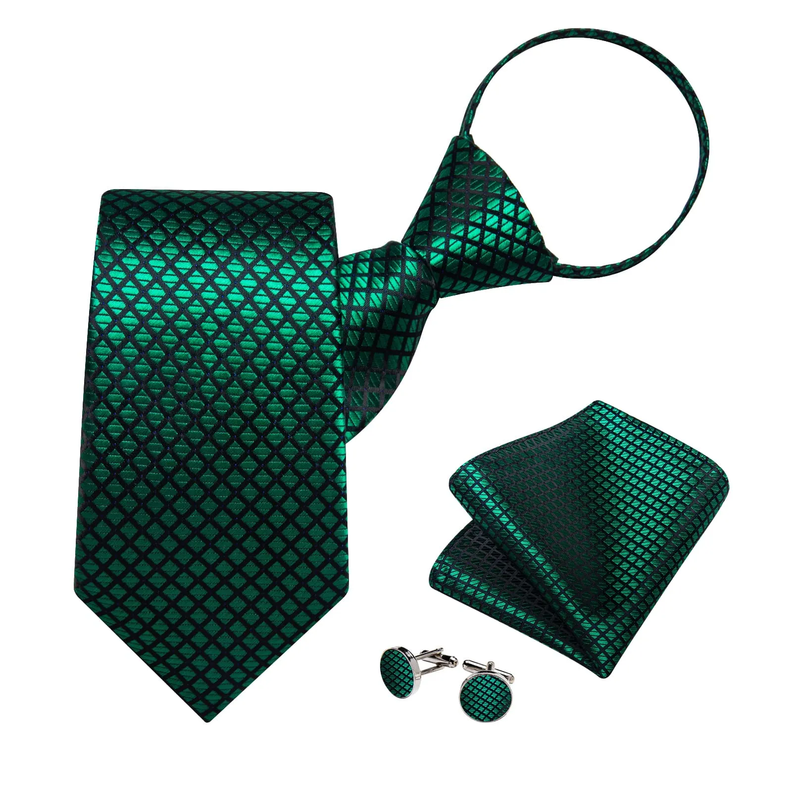 Ties2you Zipper Tie Emerald Green Plaid Silk Mens Pre-tied Tie Handkerchief Cufflinks Set sold by Ties2You product image thumbnail 2