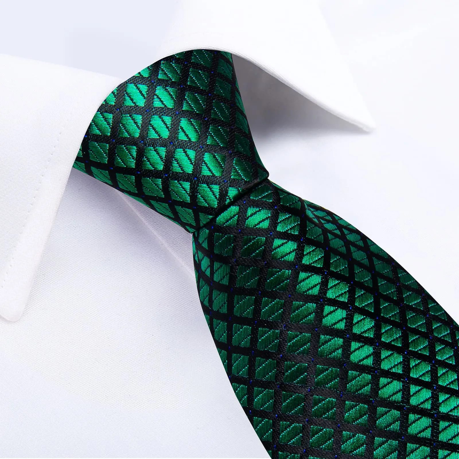 Ties2you Zipper Tie Emerald Green Plaid Silk Mens Pre-tied Tie Handkerchief Cufflinks Set sold by Ties2You product image thumbnail 3