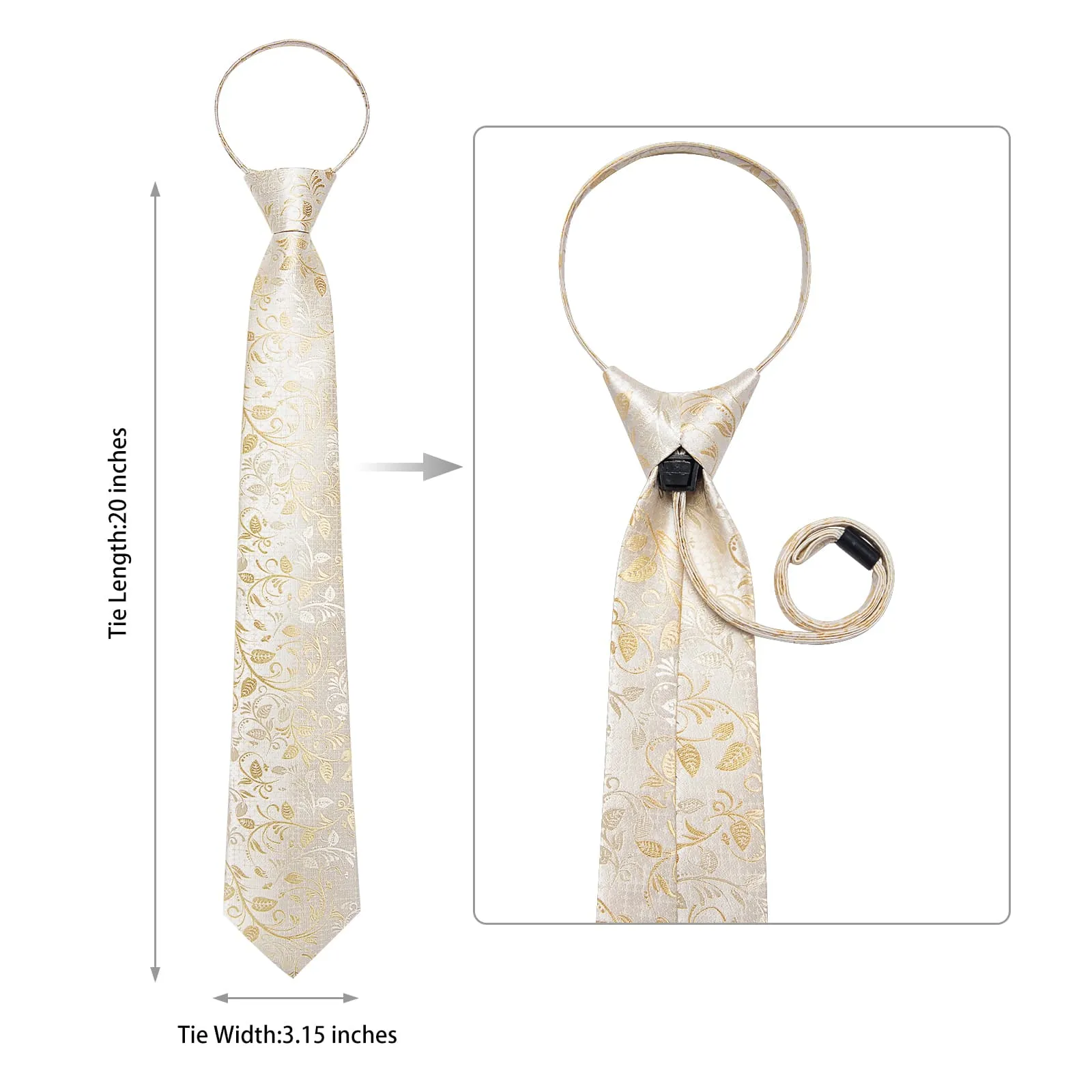 Ties2you Champagne Floral Zipper Tie Men's Silk Pre-tied Tie Hanky Cufflinks Set sold by Ties2You product image thumbnail 5