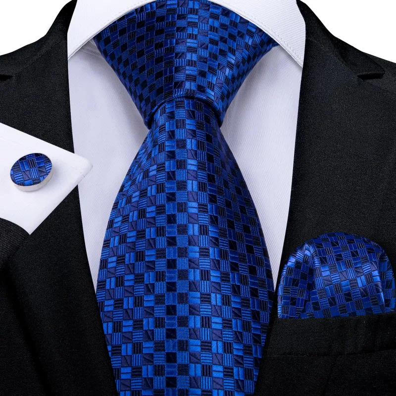 Ties2you Zipper Tie Blue Plaid Men's Silk Pre-tied Necktie Handkerchief Cufflinks Set sold by Ties2You