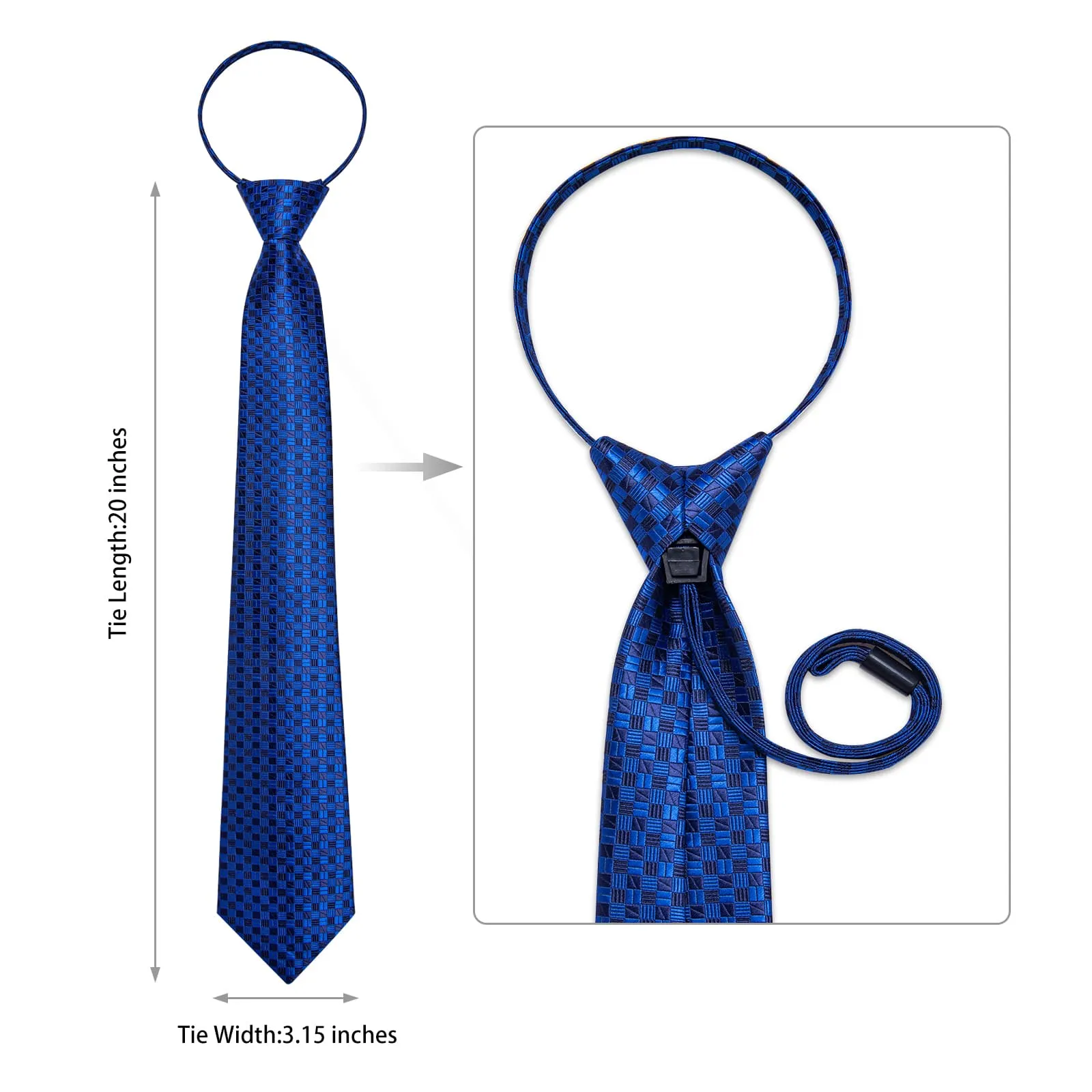 Ties2you Zipper Tie Blue Plaid Men's Silk Pre-tied Necktie Handkerchief Cufflinks Set sold by Ties2You product image thumbnail 5