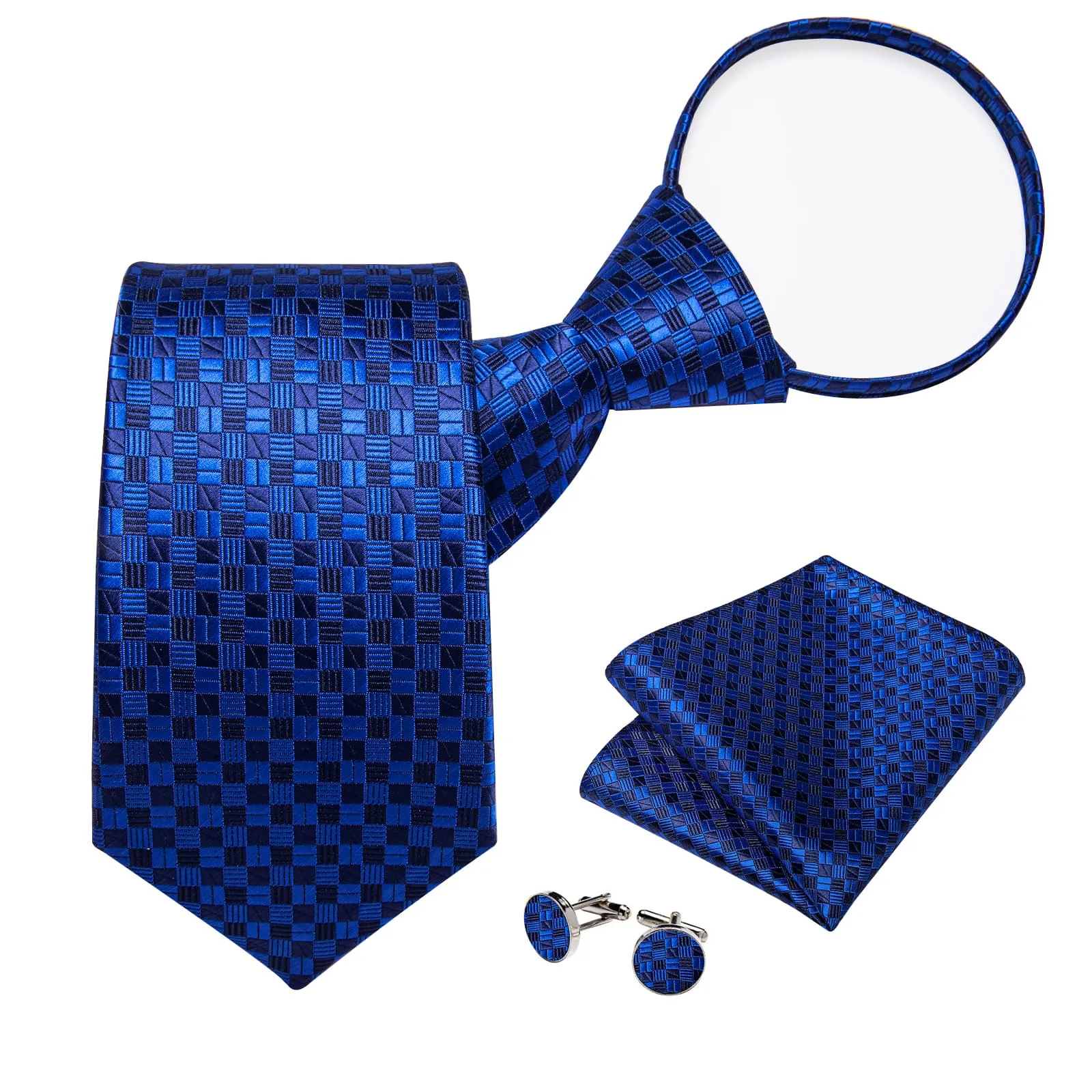 Ties2you Zipper Tie Blue Plaid Men's Silk Pre-tied Necktie Handkerchief Cufflinks Set sold by Ties2You product image thumbnail 2