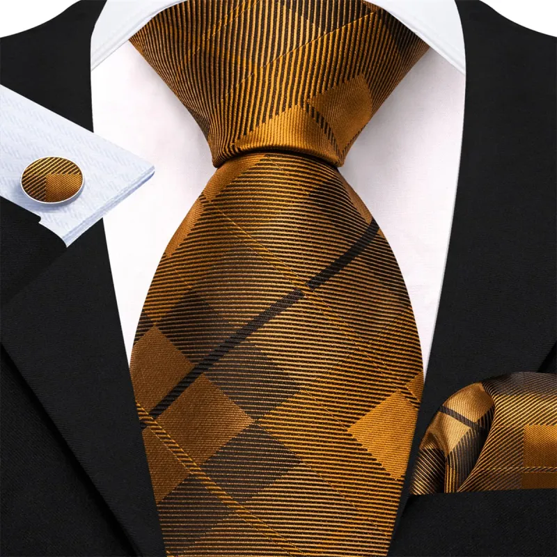 Ties2you Silk Tie Dijon Yellow Plaid Mens Tie Hanky Cufflinks Set sold by Ties2You