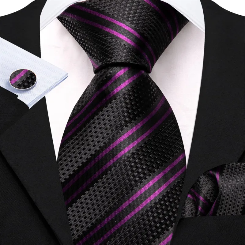 Ties2you Silk Tie Black Purple Striped Men's Tie Pocket Square Cufflinks Set sold by Ties2You