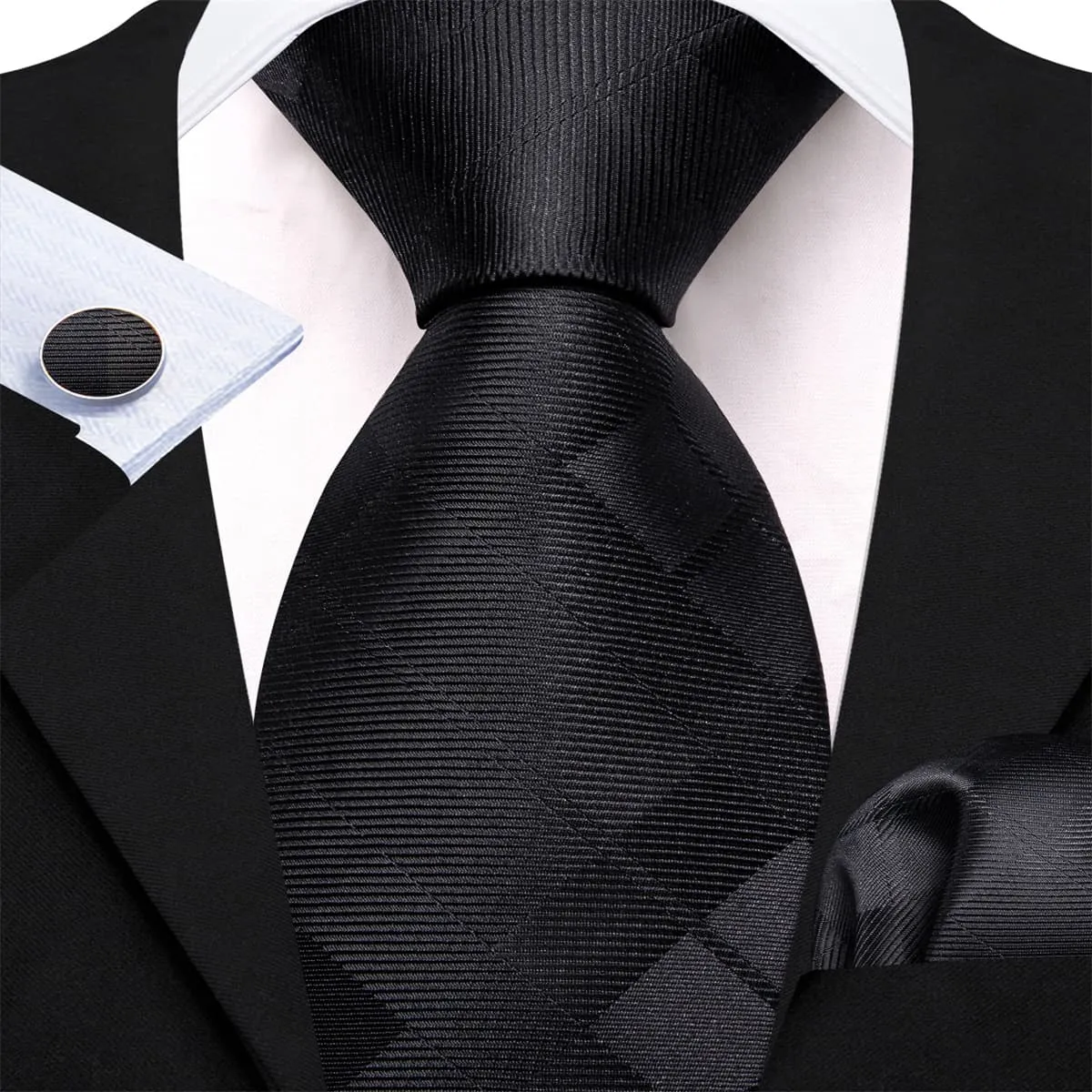 Ties2you Silk Tie Coal black Plaid Men's Tie Pocket Square Cufflinks Set sold by Ties2You