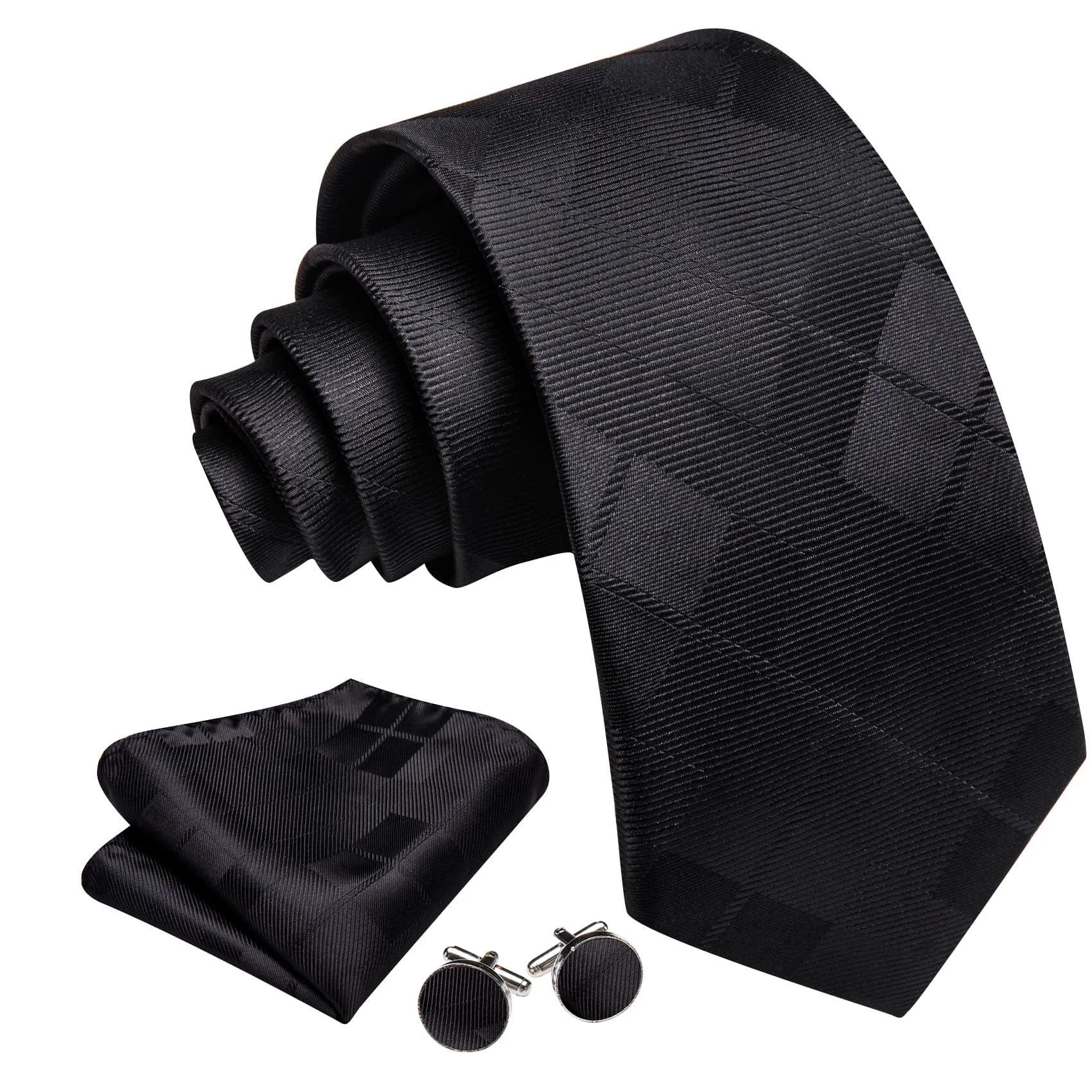 Ties2you Silk Tie Coal black Plaid Men's Tie Pocket Square Cufflinks Set sold by Ties2You product image thumbnail 2