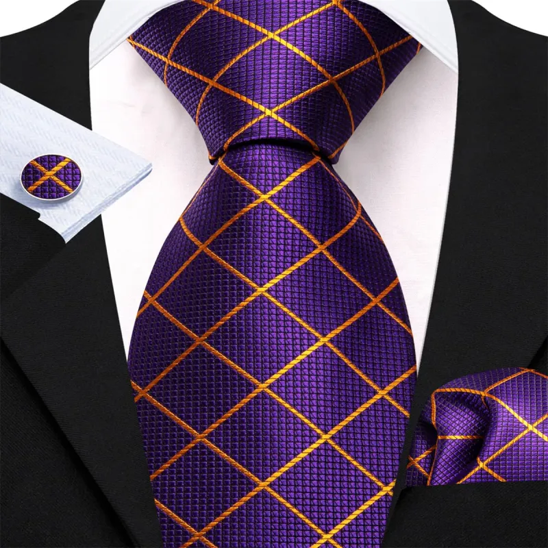 Ties2you Silk Tie Violet Purple Plaid Men's Tie Hanky Cufflinks Set sold by Ties2You