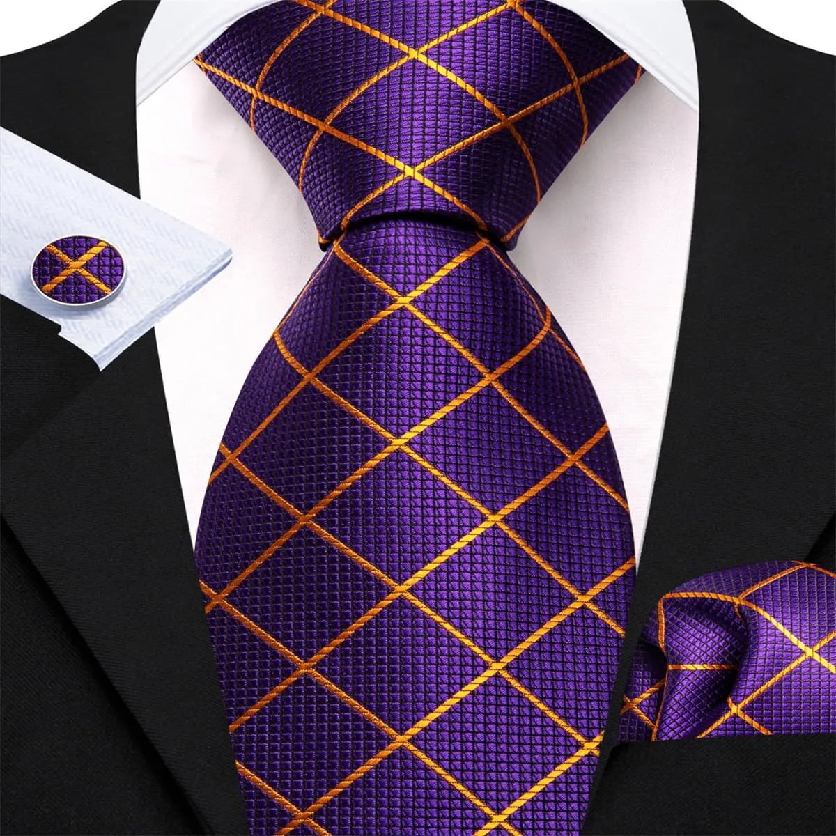 Ties2you Silk Tie Violet Purple Plaid Men's Tie Hanky Cufflinks Set sold by Ties2You