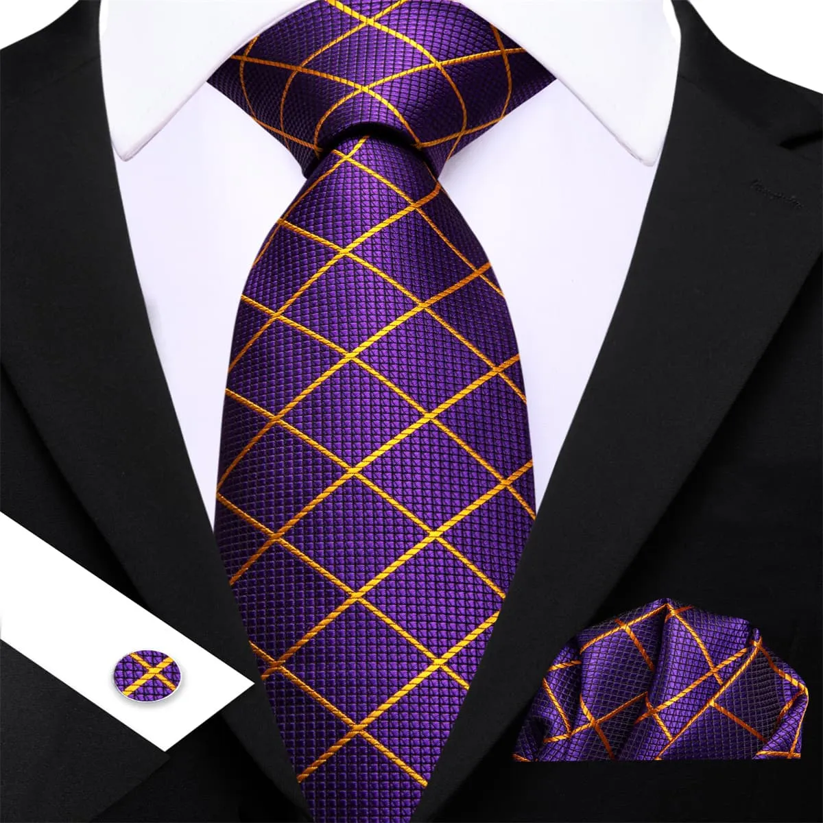 Ties2you Silk Tie Violet Purple Plaid Men's Tie Hanky Cufflinks Set sold by Ties2You product image thumbnail 3