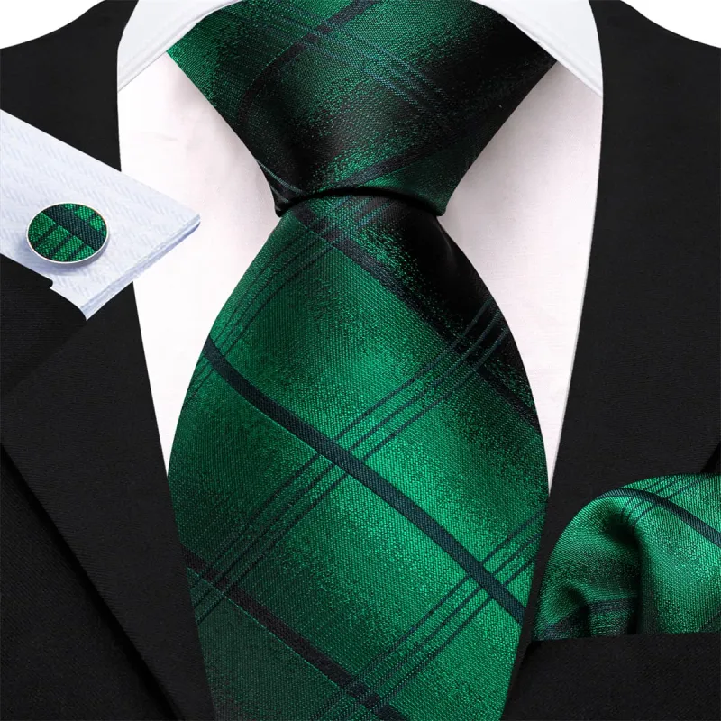 Ties2you Silk Tie Emerald Green Plaid Men's Tie Hanky Cufflinks Set sold by Ties2You