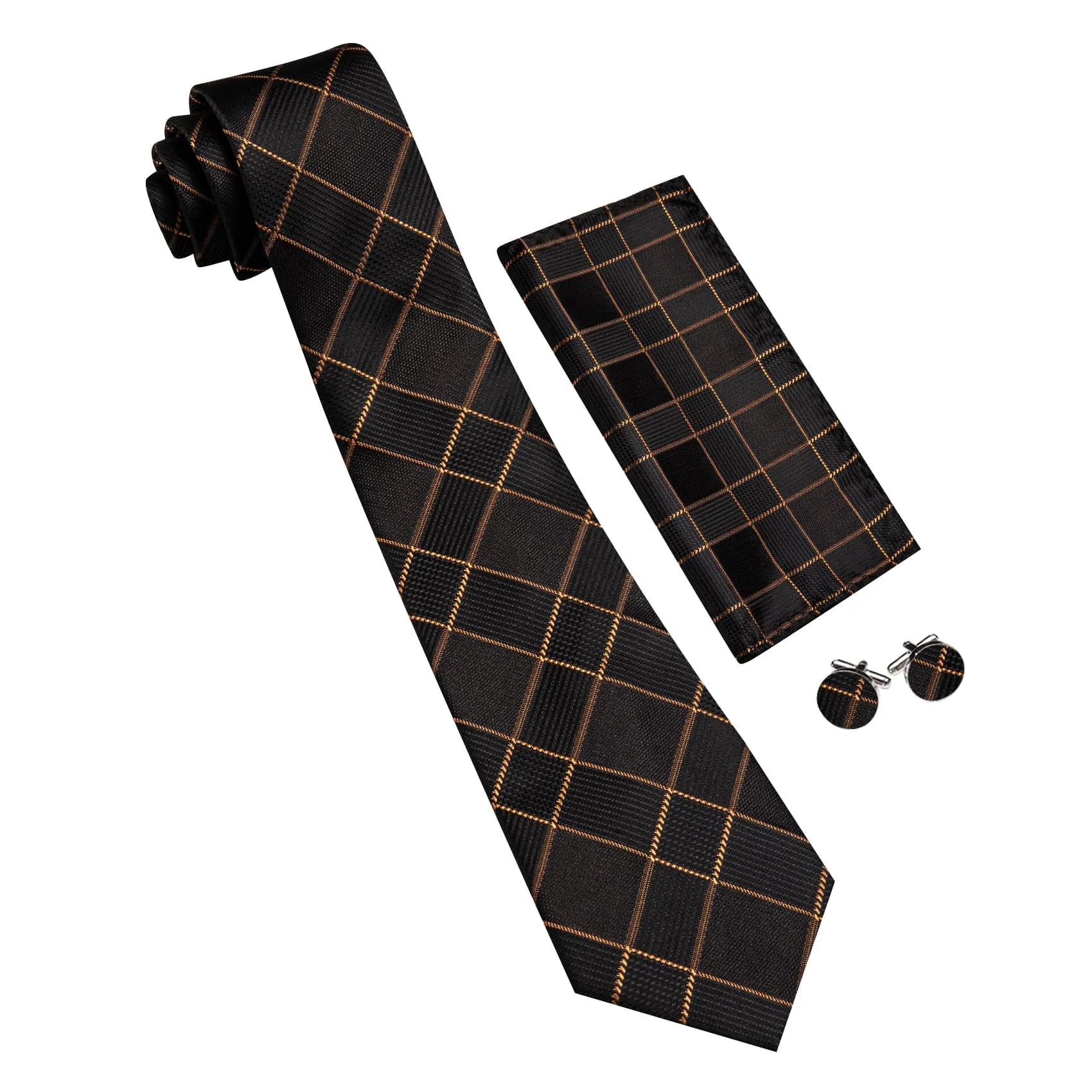 Ties2you Silk Tie Pecan Brown Plaid Men's Tie Handkerchief Cufflinks Set sold by Ties2You product image thumbnail 5