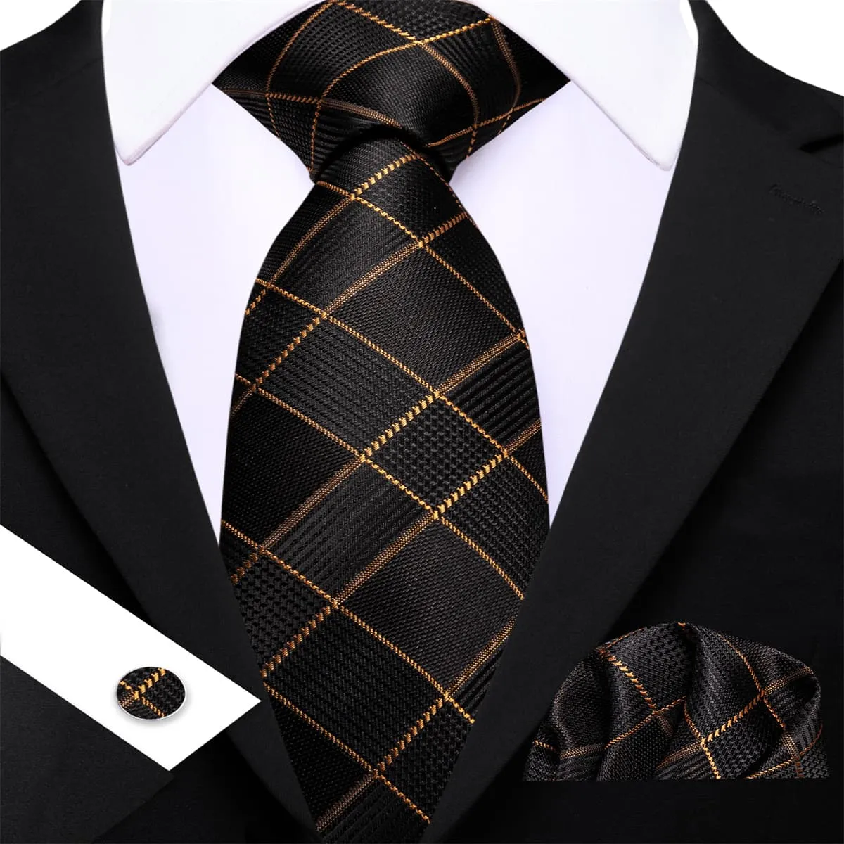 Ties2you Silk Tie Pecan Brown Plaid Men's Tie Handkerchief Cufflinks Set sold by Ties2You product image thumbnail 3
