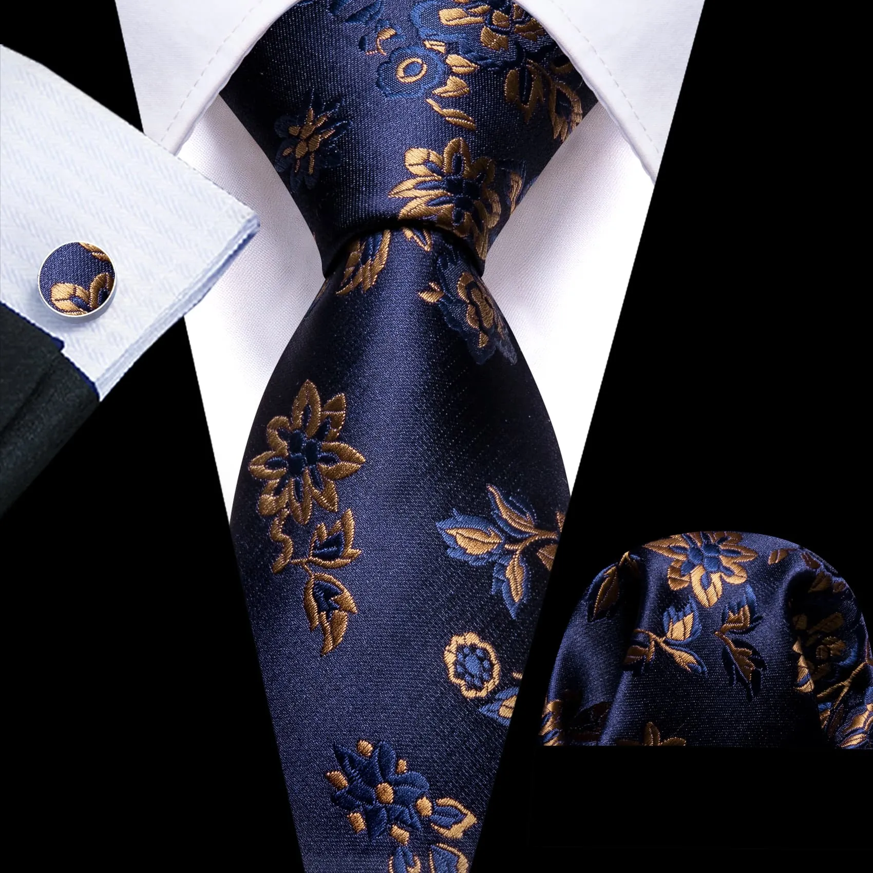 Ties2you Silk Tie Navy Blue Brown Floral Men's Tie Handkerchief Cufflinks Set Fashion sold by Ties 2 You