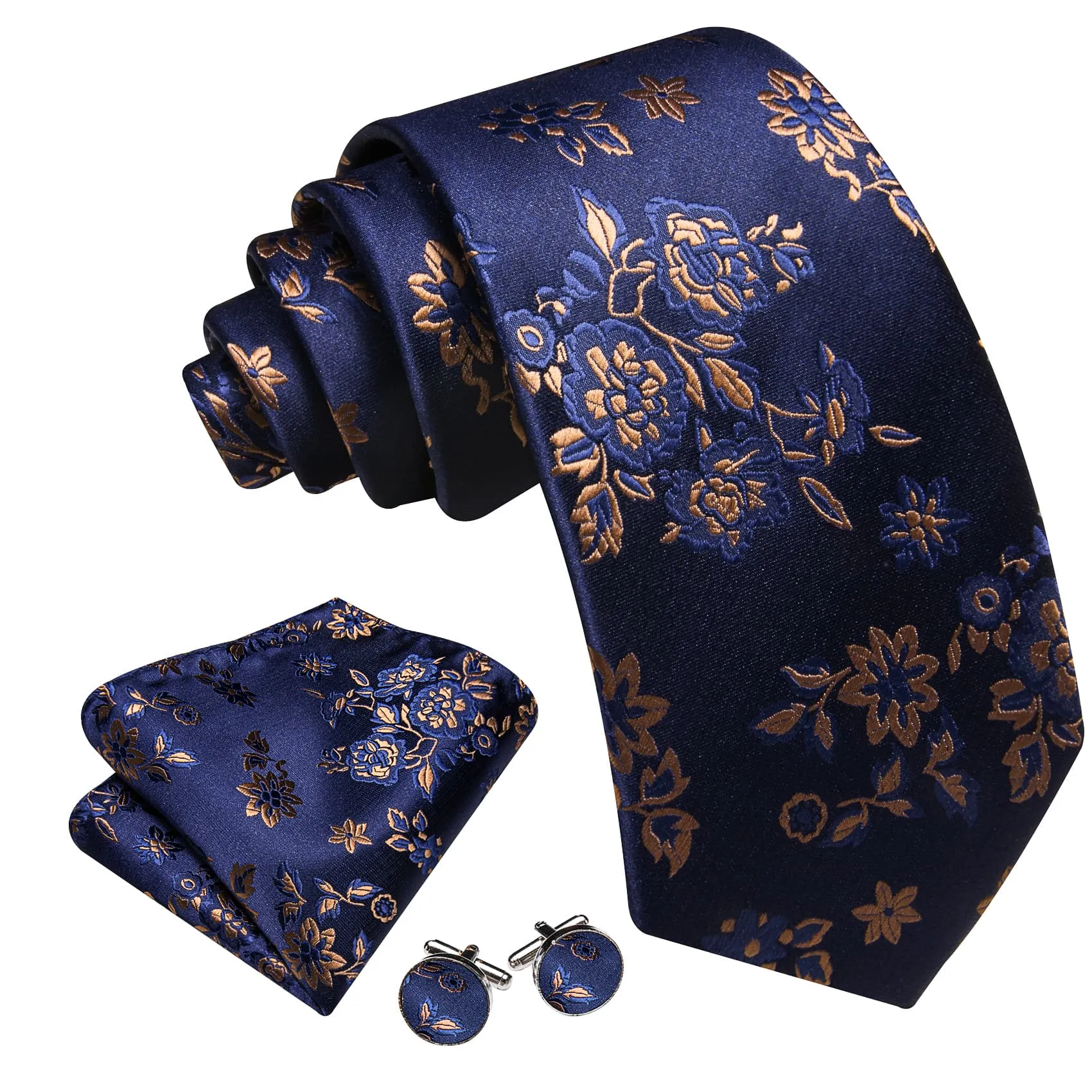 Ties2you Silk Tie Navy Blue Brown Floral Men's Tie Handkerchief Cufflinks Set Fashion sold by Ties 2 You product image thumbnail 2