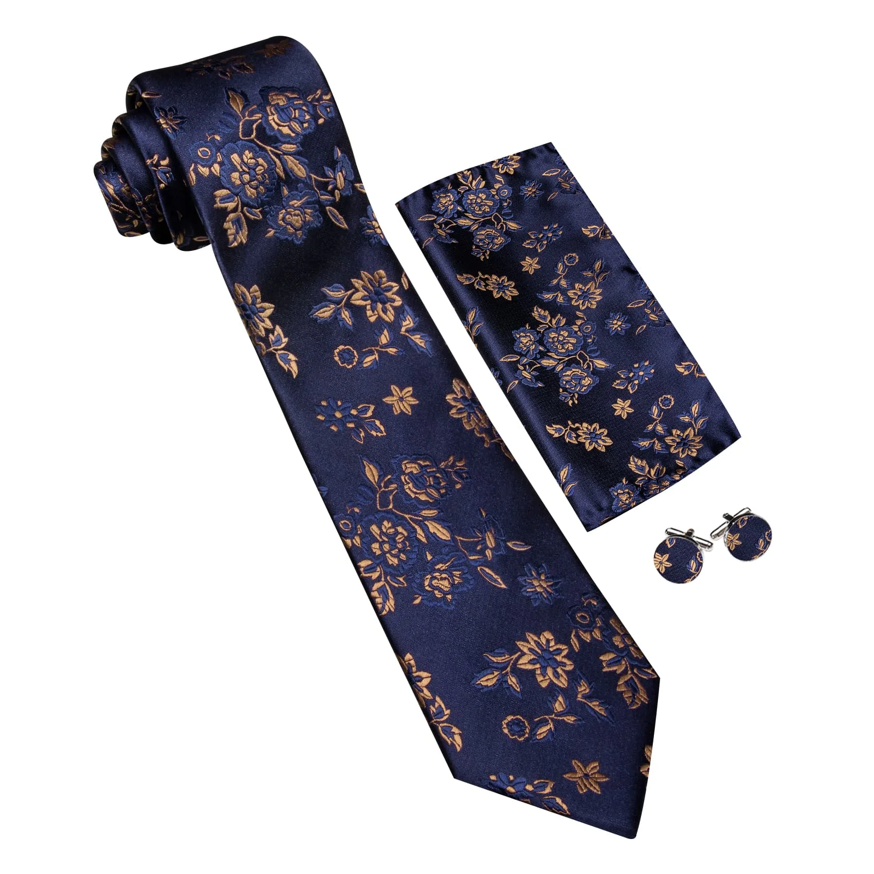 Ties2you Silk Tie Navy Blue Brown Floral Men's Tie Handkerchief Cufflinks Set Fashion sold by Ties 2 You product image thumbnail 5
